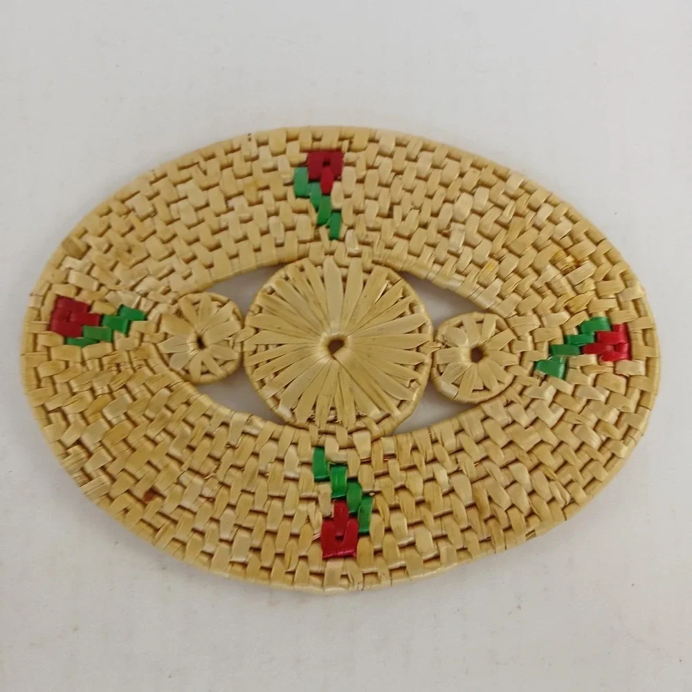 Hot Pad Wicker Straw Trivet Woven Rattan‎ Raffia Boho Wall Decor Cherry Rose Vtg